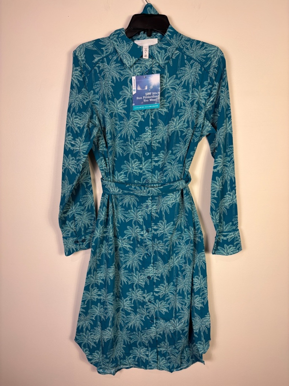 Coolibar UPF 50+ Blue Palm Tropical Shirt Dress Sun Protection Beach Resort